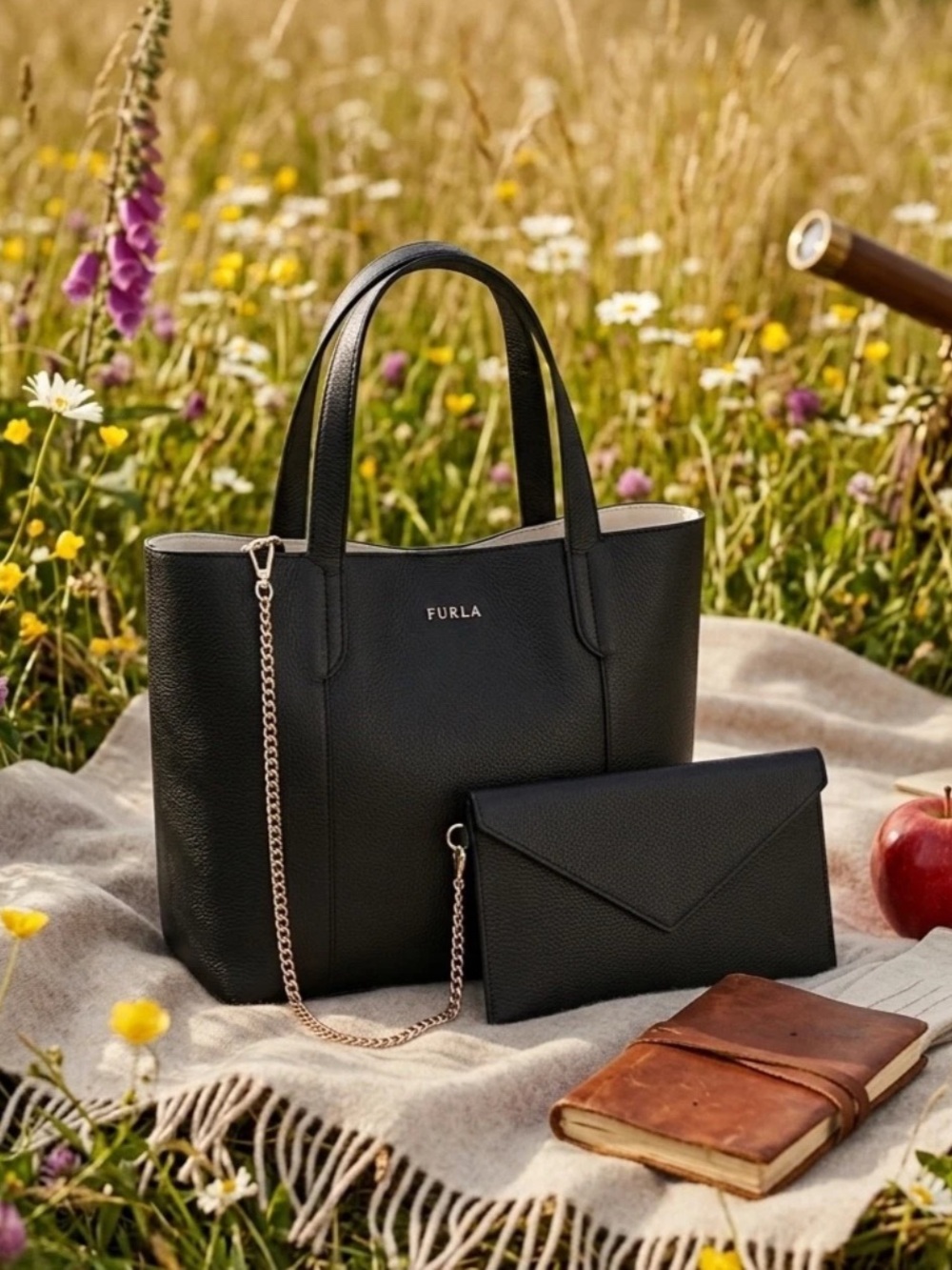Furla Elle Black Pebbled Leather Small Tote + Wristlet/Shoulder Bag/Chain Pouch